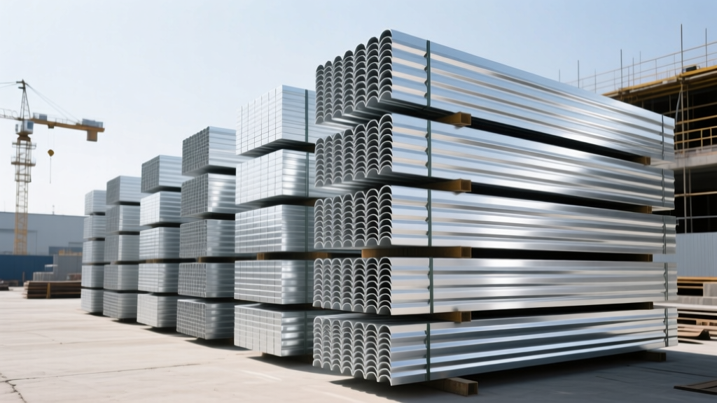 Stacks of corrugated galvanized steel decking sheets with silver zinc coatings waiting for crane loading at a commercial site
