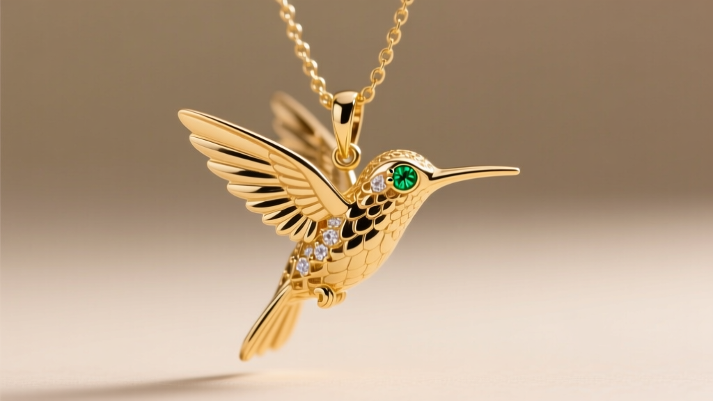 Articulated 14k gold hummingbird pendant with emerald eyes on a chain, macro shot against a soft, blurred, neutral background