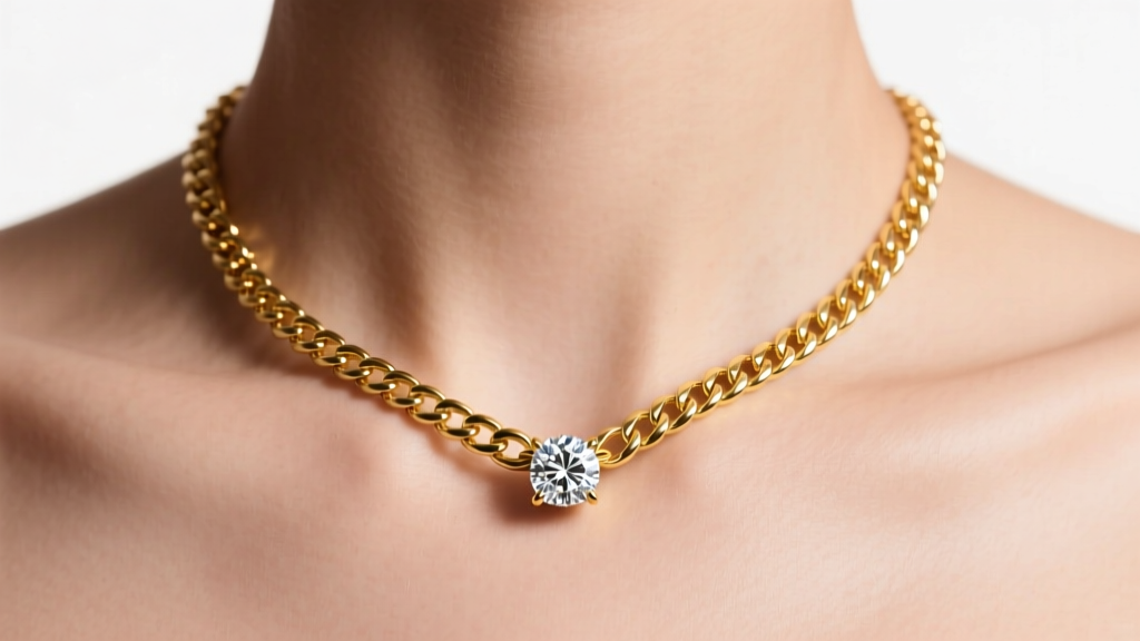 18-inch 14k yellow gold rolo chain resting on a collarbone with a bezel-set diamond pendant, soft studio lighting, front angle