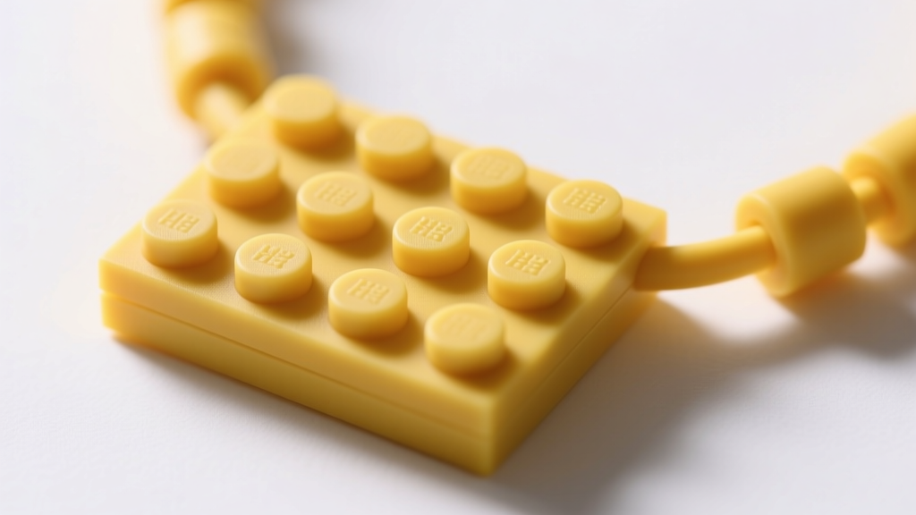 Macro shot of a yellow silicone lego chew necklace pendant, showing precise cylindrical studs and a smooth matte texture finish