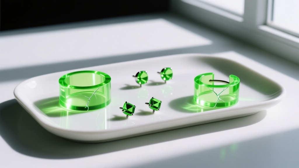 Flat lay of UV-reactive neon green acrylic ear cuffs and studs on a white tray, illuminated by a subtle blacklight glow.