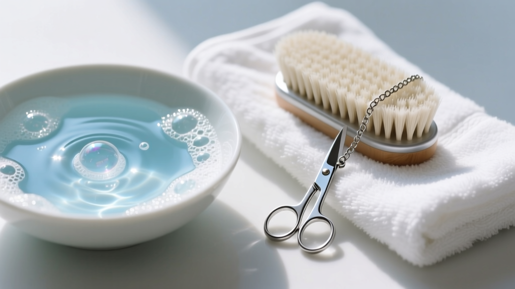 Bowl of soapy water and a soft brush beside a stainless steel scissors pendant and chain resting on a clean white cotton towel.