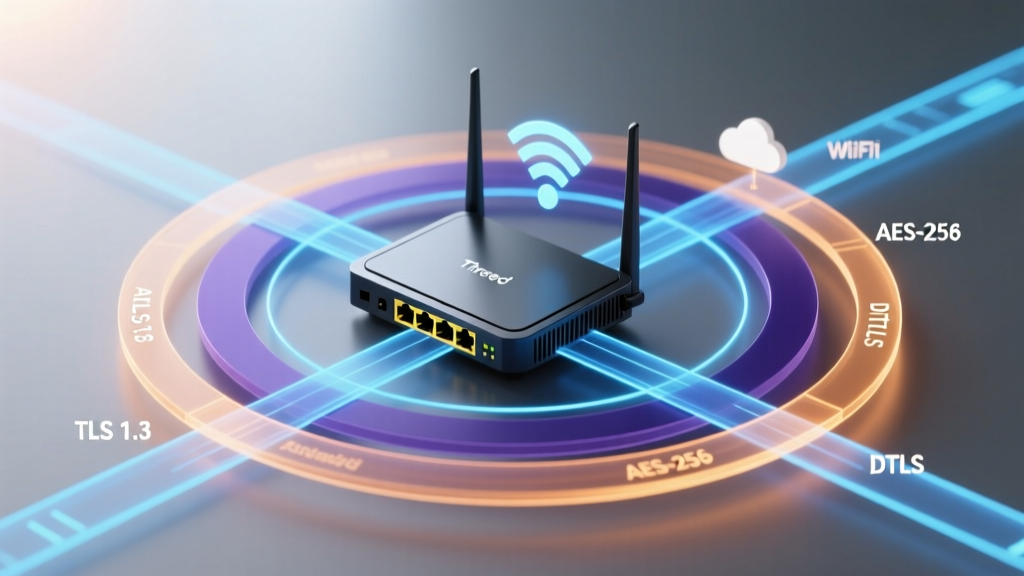 Diagram showing Thread mesh network with border router bridging to Wi-Fi and cloud services with encryption layers labeled