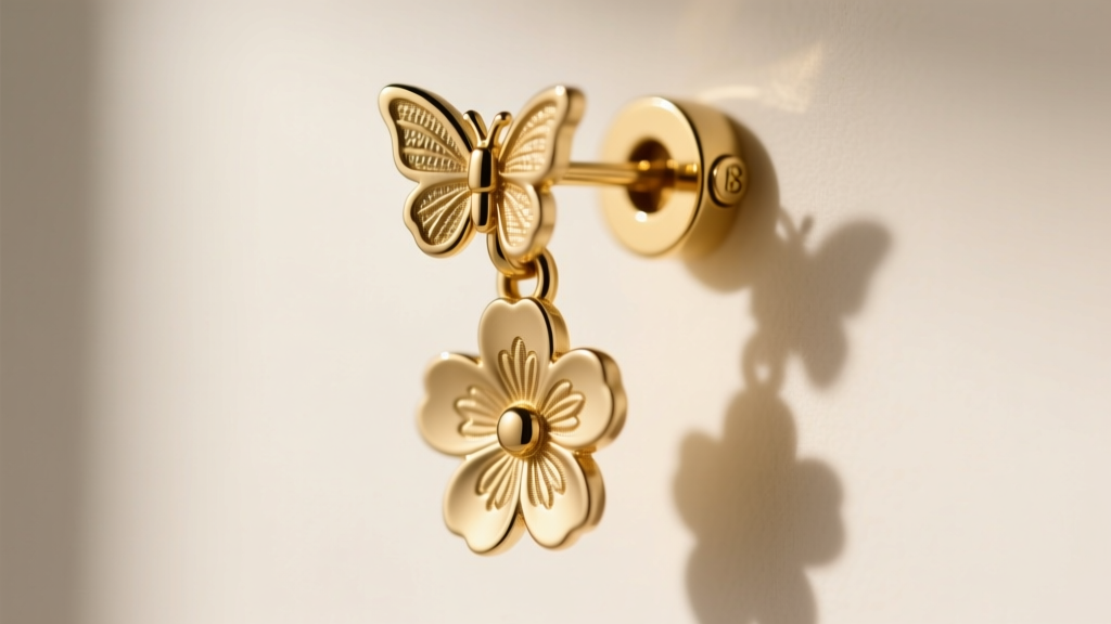 Technical close-up of a La Pousette locking earring back securely fastened onto an 18-gauge gold post of a floral dangle earring.