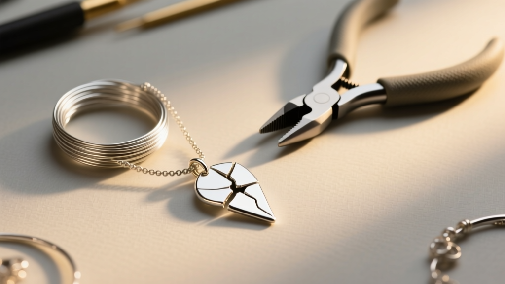 Top-down view of a jewelry bench with 20-gauge silver wire, nylon pliers, and a broken wire pendant under warm diffused lighting.