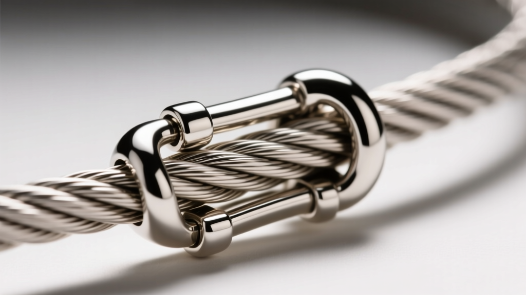 Close-up of steel lobster clasp on 49-strand beading cable secured by a folded sterling crimp tube under bright studio lighting.