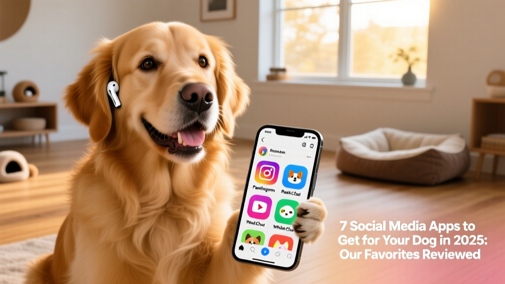 A golden retriever smiling while wearing wireless earbuds, looking at a smartphone screen showing a colorful social feed