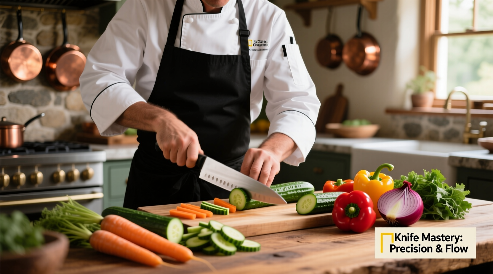 Chef demonstrating knife skills with various vegetables
