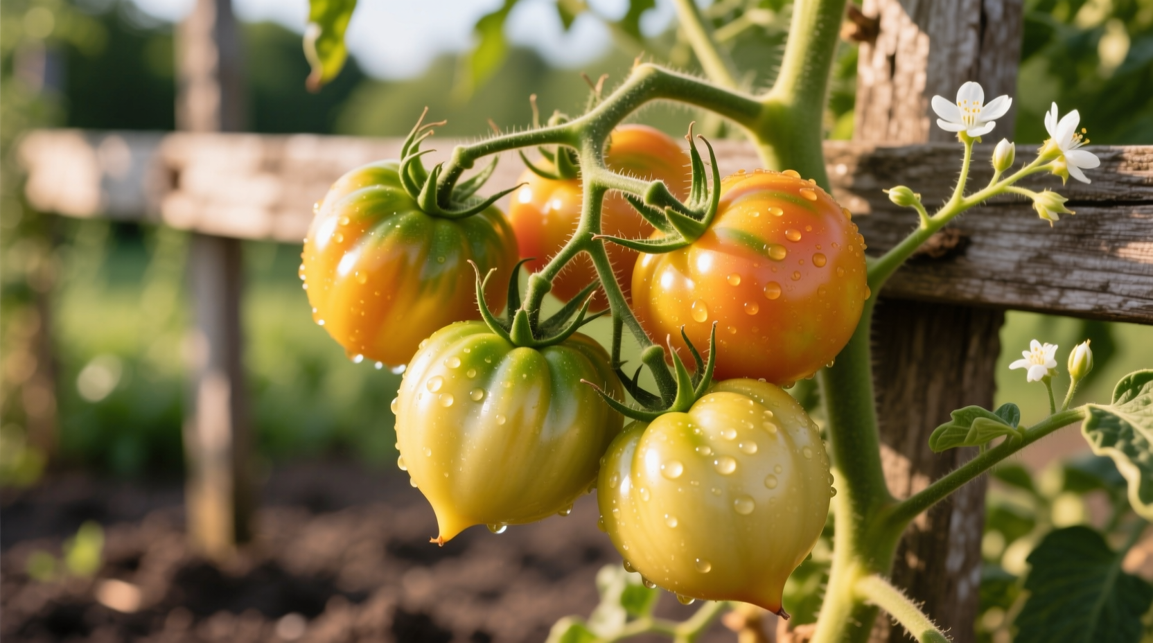 Assortment of pale yellow heirloom tomatoes on vine