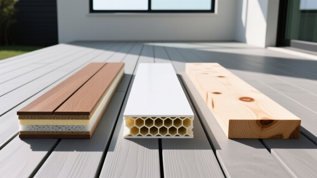 Cross-section comparison of capped composite, cellular PVC, and pressure-treated pine decking boards laid on a modern patio