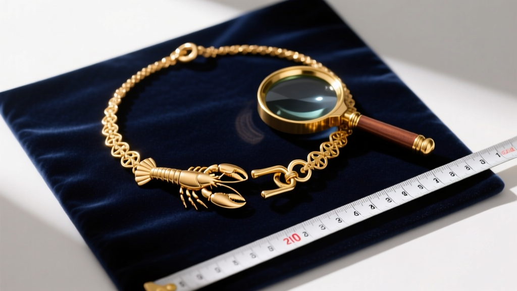 Flat lay of gold necklace clasps, a lobster clasp and toggle, on a dark velvet mat next to a tape measure and a small brass loupe