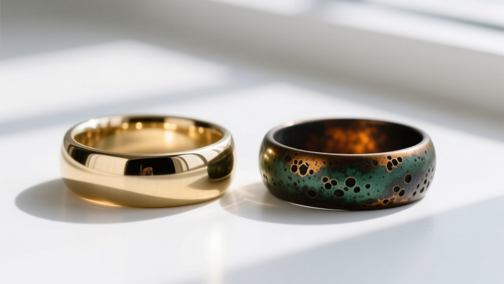 Two brass stacking rings side-by-side, one highly polished and bright, the other featuring a dark oxidized antique patina finish.