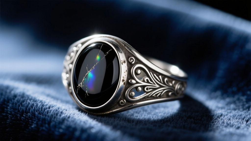 Close-up of a tarnished sterling silver memento mori ring with a scratched black obsidian cabochon resting on dark velvet fabric.
