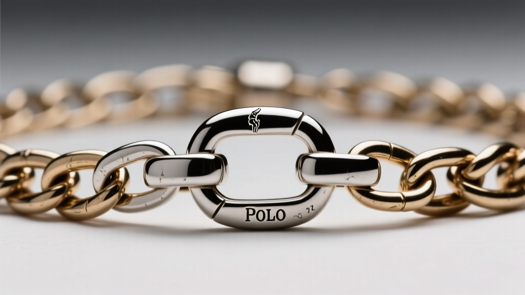 Macro shot of a silver-tone brass chain link and lobster clasp from a Polo necklace, showing detailed metal texture and stamping.