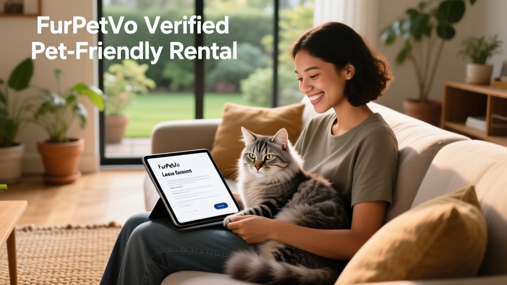 A smiling person holding a relaxed adult cat while reviewing a digital lease agreement on a tablet labeled 'FurPetVo Verified Pet-Friendly Rental'