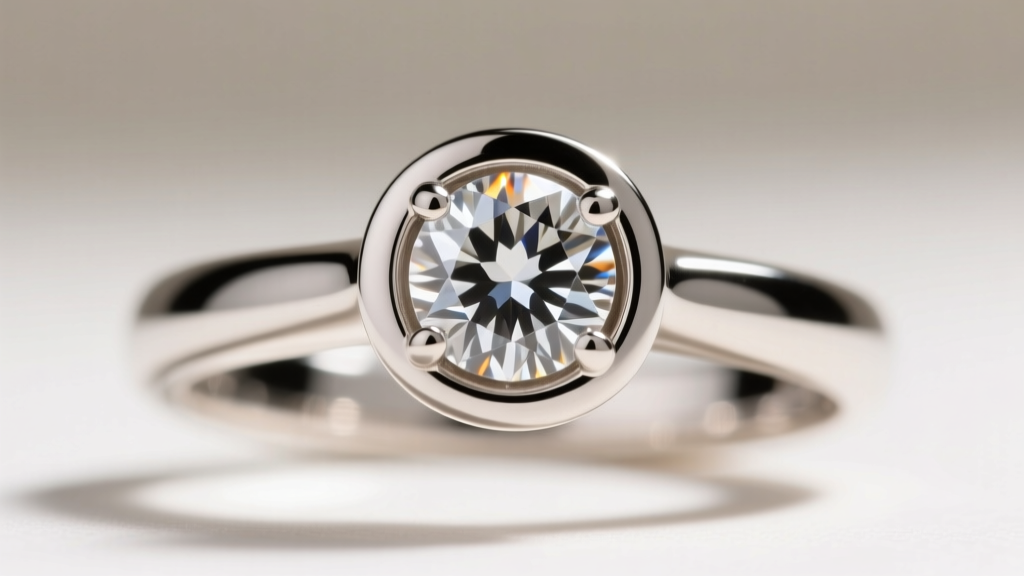 Close-up of a bezel-set diamond in a palladium ring, showing the secure setting style recommended for brittle Pd950 alloys.
