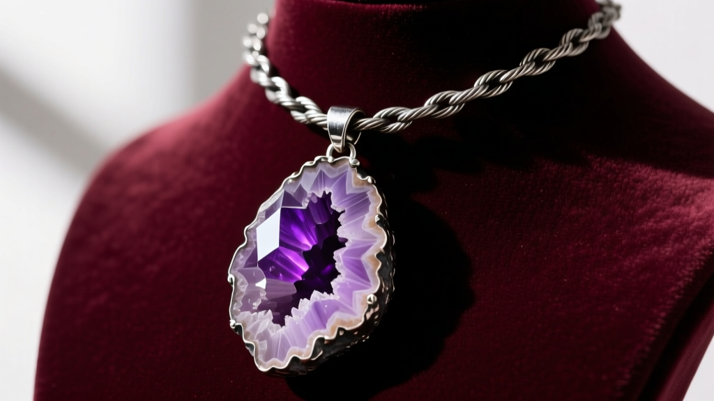 Close-up of a heavy raw amethyst geode pendant hanging from a thick 4mm oxidized sterling silver cable chain on a velvet bust.