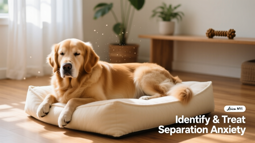 A calm, relaxed dog resting in a cozy, well-lit indoor space with a soft bed and chew toy nearby