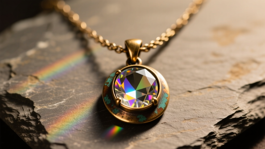Close-up of the Plunder Tabitha necklace on slate, highlighting the antiqued brass pendant and faceted glass cabochon details.