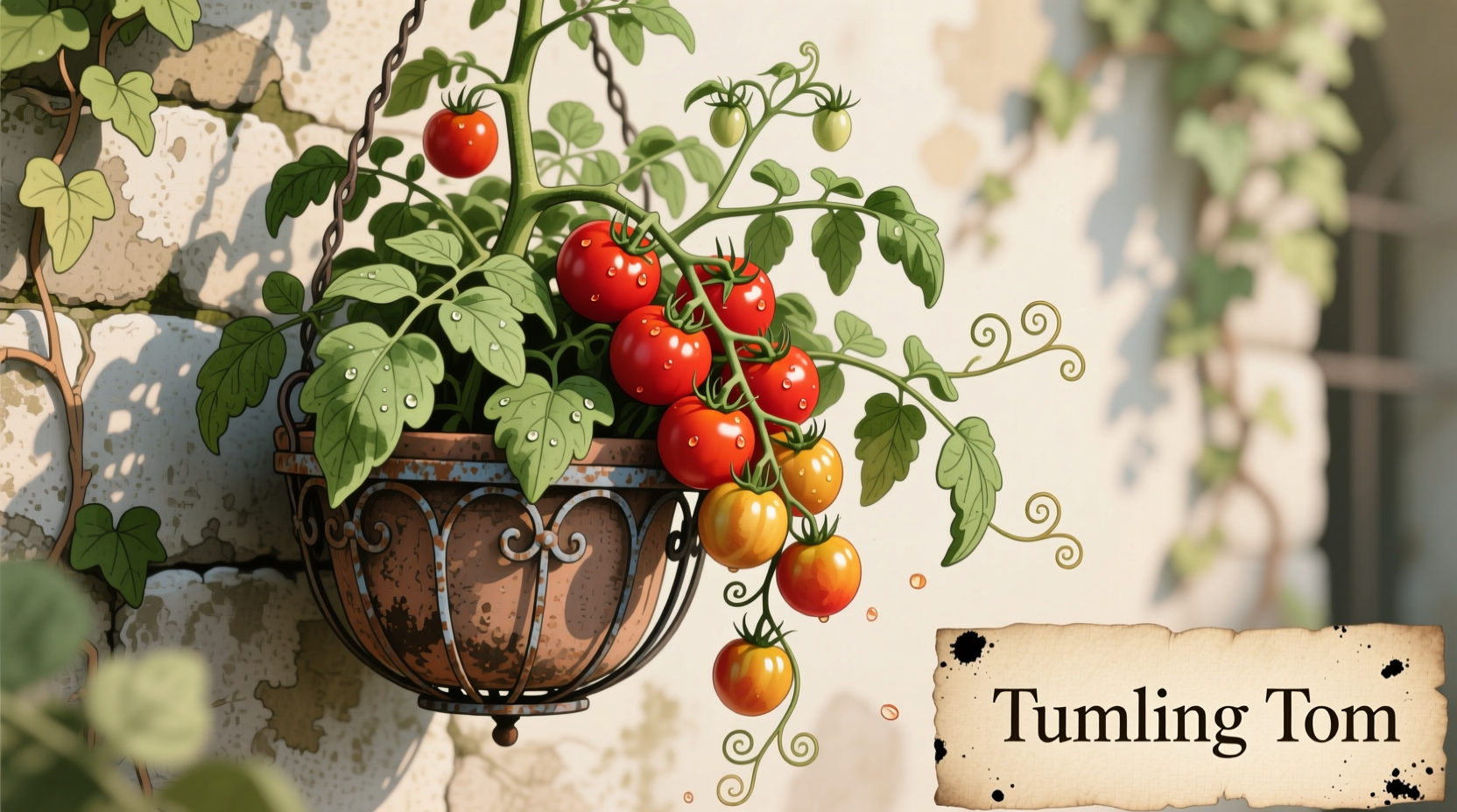 Tumbling Tom tomato plant cascading from hanging basket