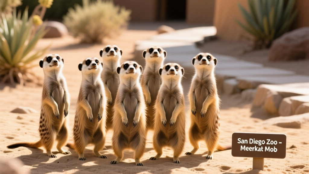 A lively group of meerkats standing upright on a sandy exhibit surface, alert and curious
