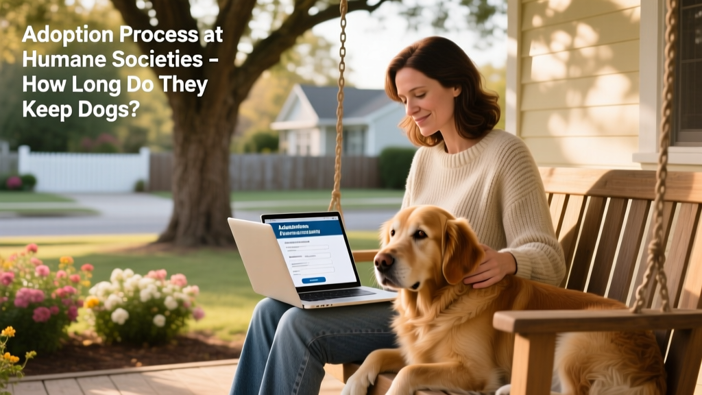 A person sitting with their dog while reviewing adoption applications on a laptop
