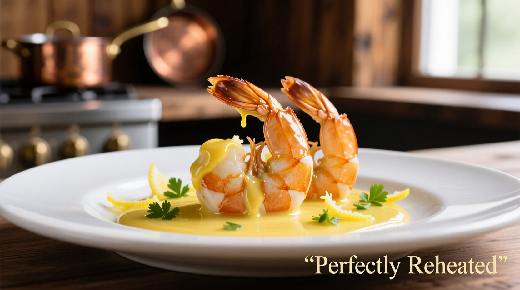 Perfectly reheated cooked shrimp in lemon butter sauce