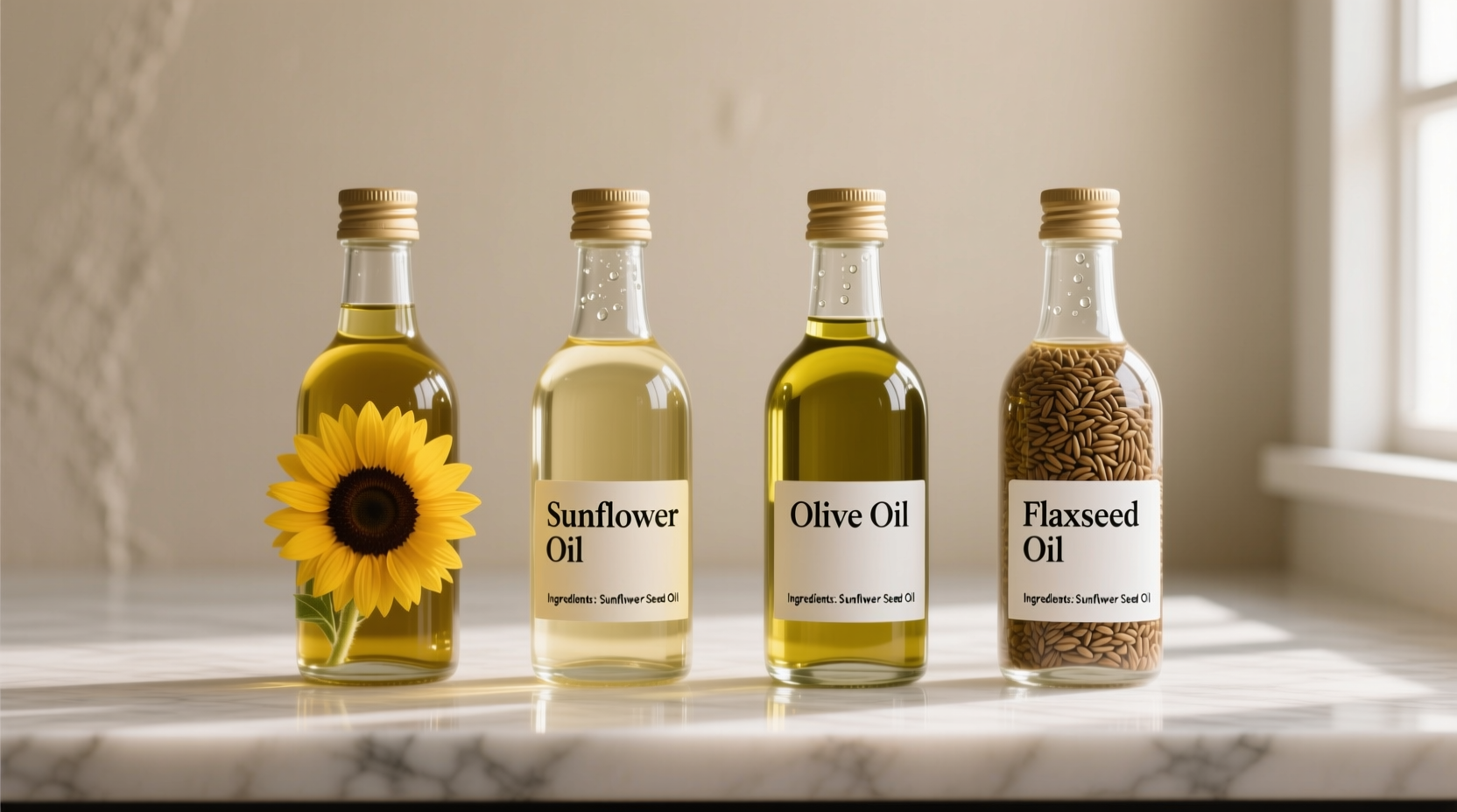 Common seed oils in glass bottles with food ingredients