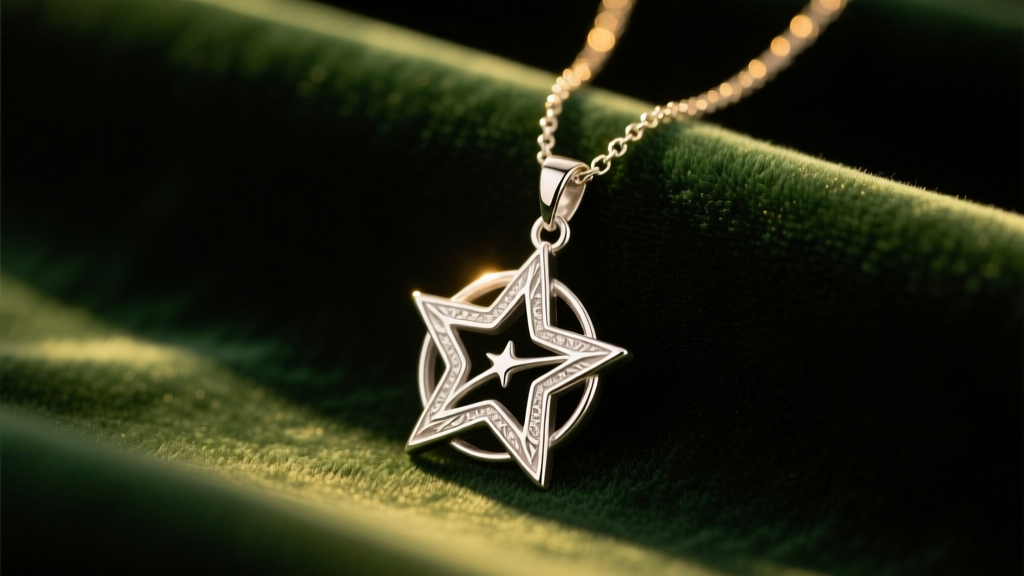 Close-up of a sterling silver Evenstar pendant on a 1.5mm box chain, worn over dark green velvet, warm romantic lighting.