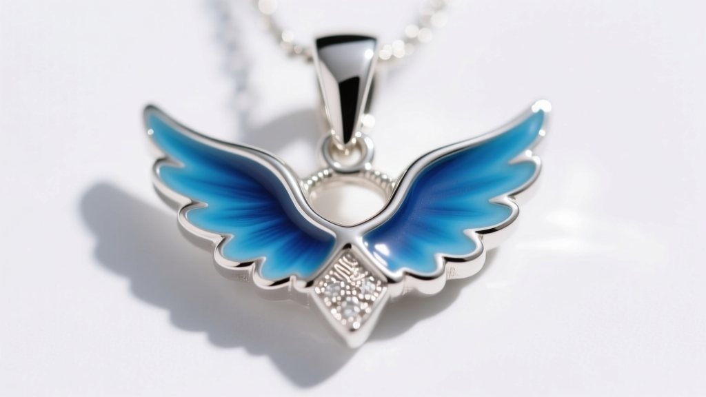 Macro view of a 925 silver guardian angel pendant with blue enamel wings, showing metal bezels and glossy finish in bright light.