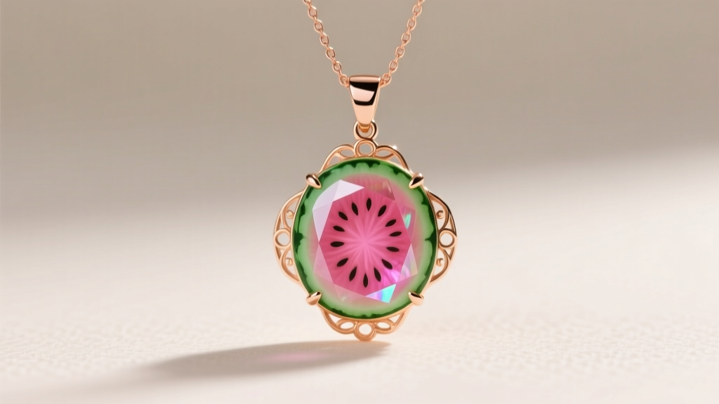Watermelon tourmaline pendant with pink center and green rind, set in 14k rose gold on a delicate chain against soft studio light
