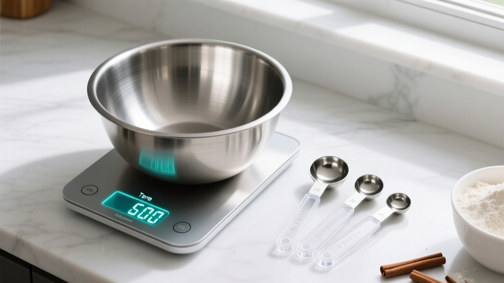 Overhead view of a smart digital kitchen scale displaying tare weight with a heavy stainless steel mixing bowl and digital measuring spoons