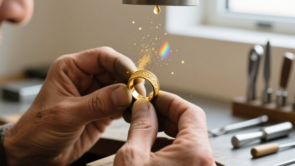 Extreme close-up of a jeweler's loupe inspecting the tiny 925 hallmark stamped on the post of a sterling silver reindeer earring