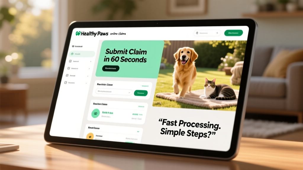Clean, modern interface screenshot of the Healthy Paws online claims portal, highlighting fast processing and user-friendly navigation