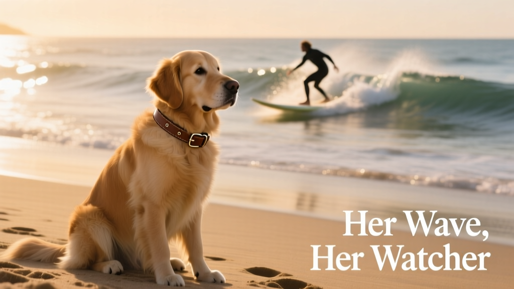 A golden retriever-style dog sitting calmly on a sunlit beach, wearing a custom collar, gazing toward the ocean where a surfer is riding a wave