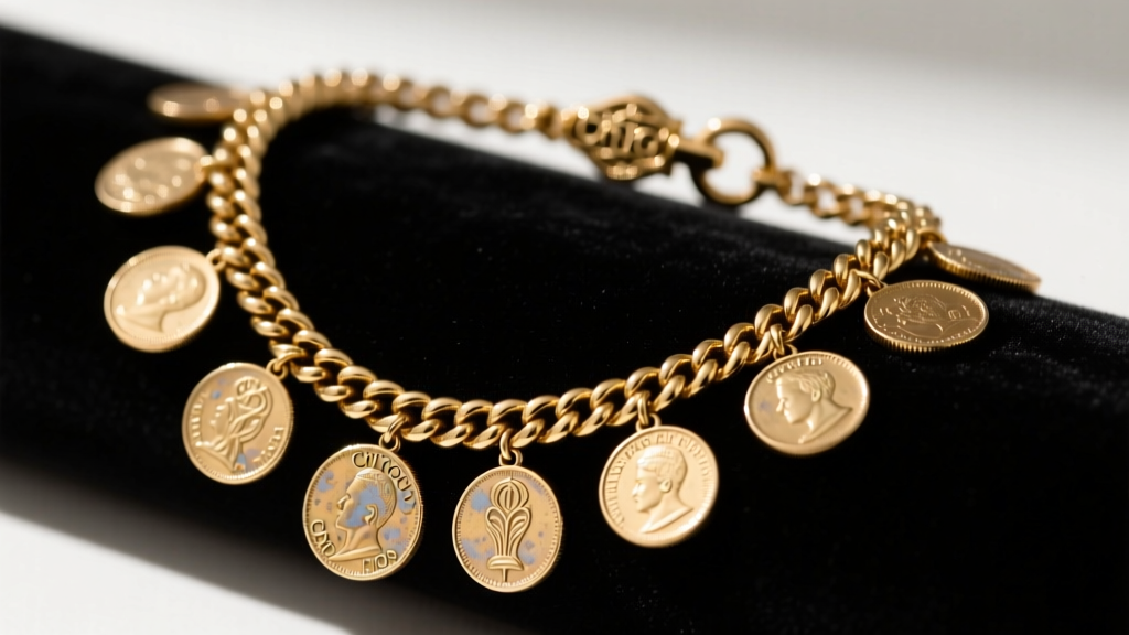 Macro shot of a vintage Chicos gold-tone multi-strand coin necklace on dark velvet, highlighting embossed medallions and clasp.