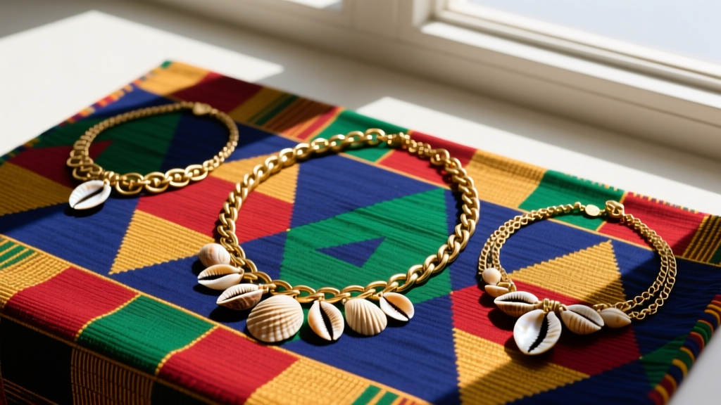 Overhead flat lay of brass and ethically sourced cowrie shell necklaces resting on a vibrant kente cloth fabric backdrop.
