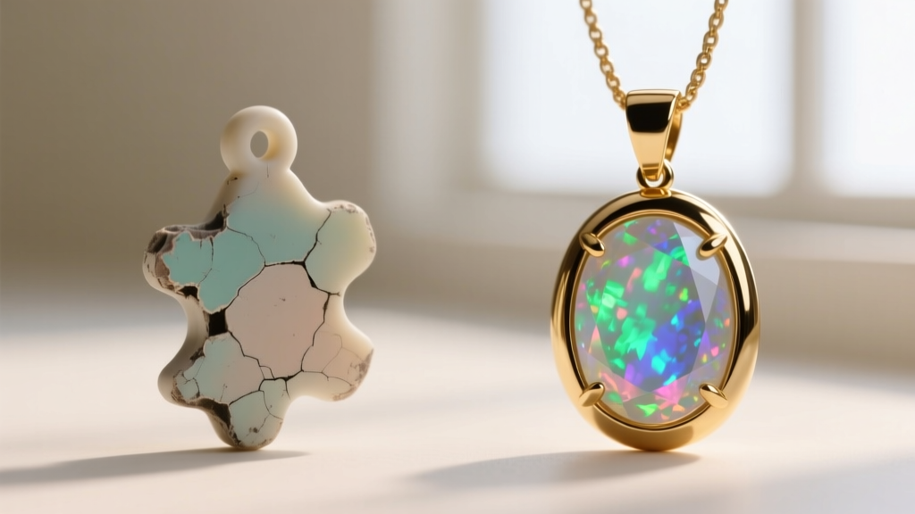 Macro photo comparing a chipped plastic toy pendant on the left with a polished lab-grown opal and gold luxury pendant on right