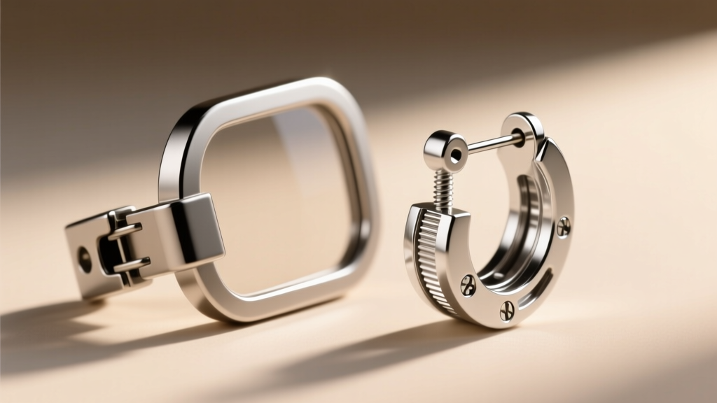 Close-up comparing a lightweight titanium clip-on frame next to a heavier sterling silver screw-back earring mechanism