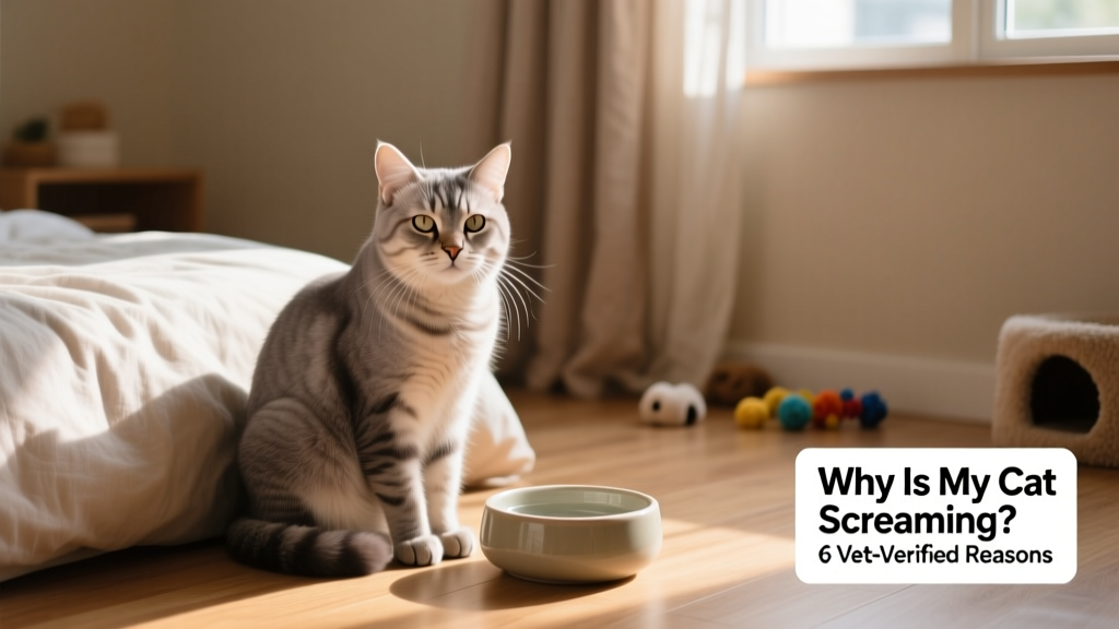 Senior cat sitting calmly beside a soft bed and water bowl, suggesting comfort and routine