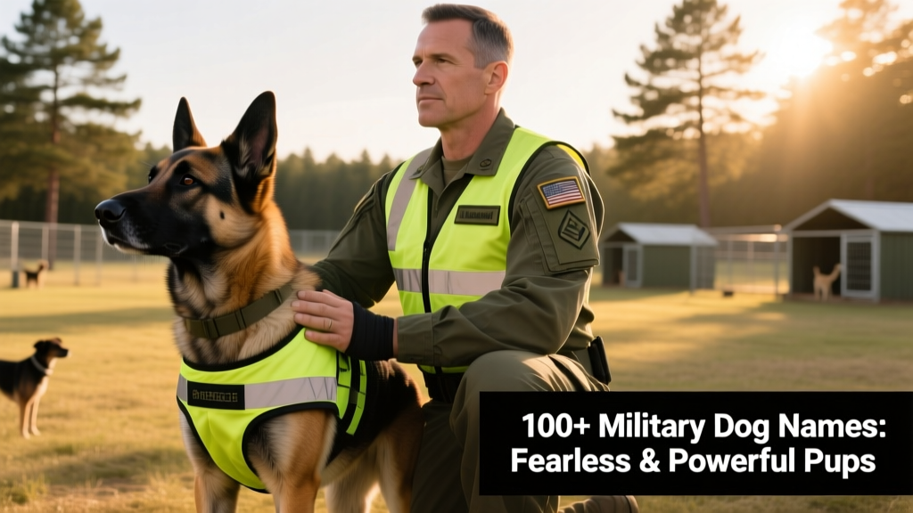 A focused female working dog wearing a reflective vest, standing beside a uniformed handler