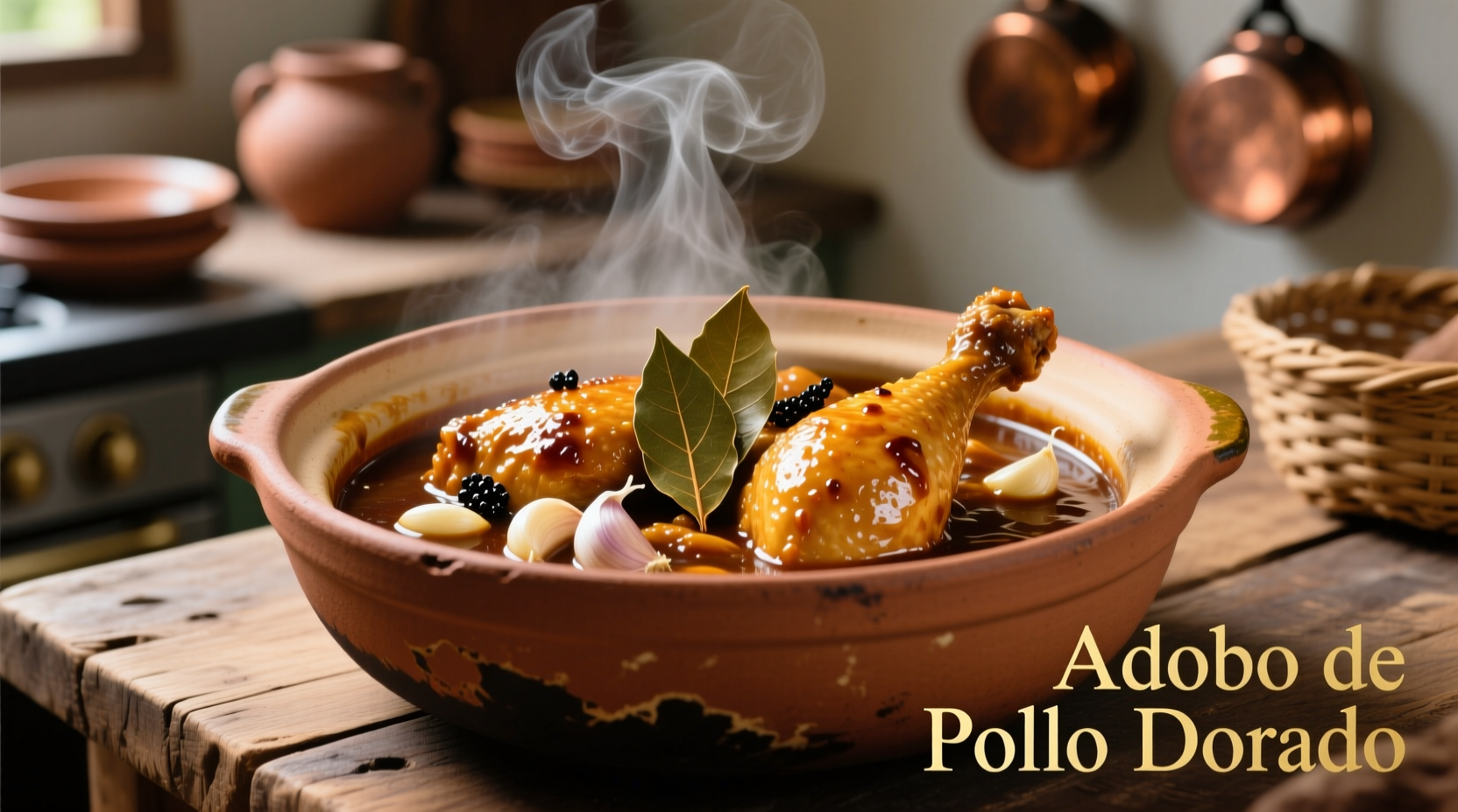 Golden chicken adobo simmering in clay pot