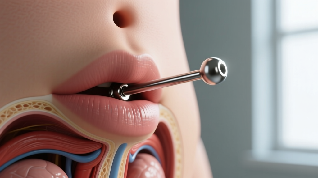 Medical illustration of navel anatomy showing 14g barbell placement through upper lip, with adequate clearance to prevent embedding.