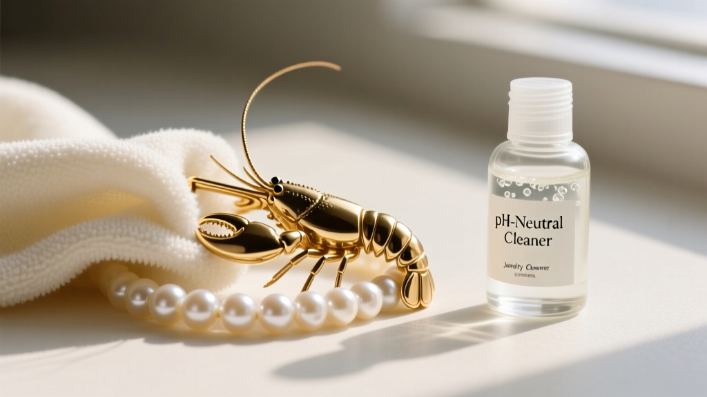Microfiber cloth wiping a gold-plated brass lobster clasp on a pearl strand next to a small bottle of pH-neutral jewelry cleaner