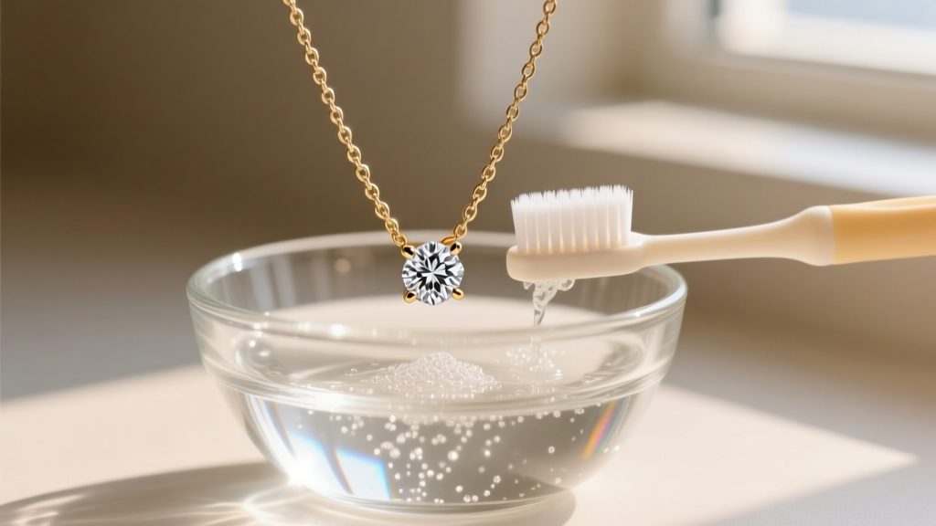 Soft baby toothbrush gently cleaning an 18k white gold diamond necklace submerged in a glass bowl of mild soapy distilled water.