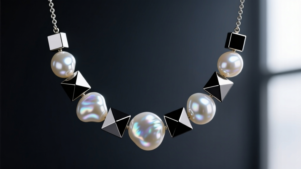 Close-up of an urban definition pearl necklace with irregular baroque pearls and matte black titanium cube beads on a dark background