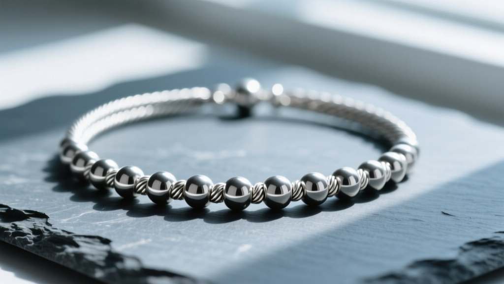 Macro photo of a silver twist bead necklace on slate, highlighting tight rope wire textures and seamless spherical metal beads.