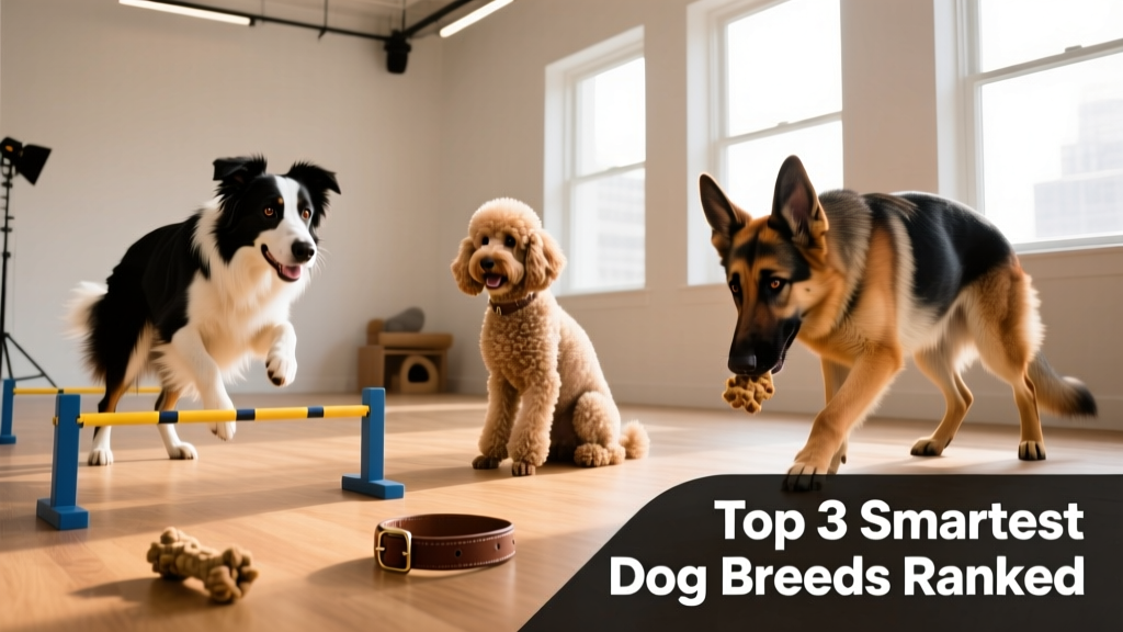 A diverse group of intelligent dog breeds—Border Collie, Poodle, and German Shepherd—engaged in focused training activities
