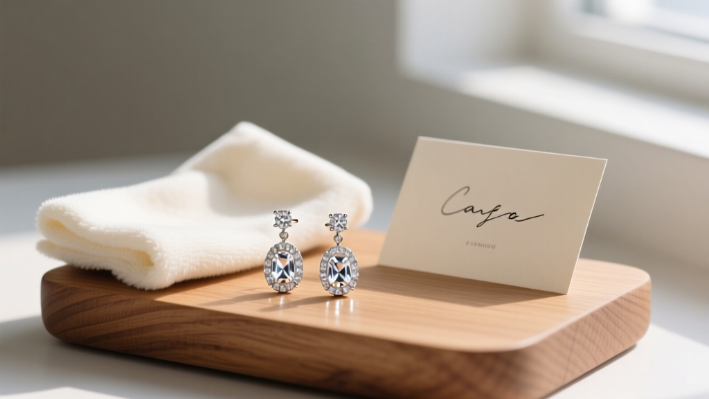 A curated gift basket featuring delicate pavé drop earrings, a microfiber polishing cloth, and a handwritten care card on wood