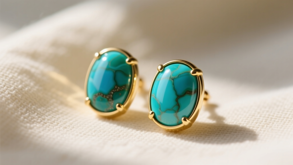 Macro close-up of vibrant blue-green chrysocolla cabochon earrings in 14k gold bezels resting on soft cream linen cloth